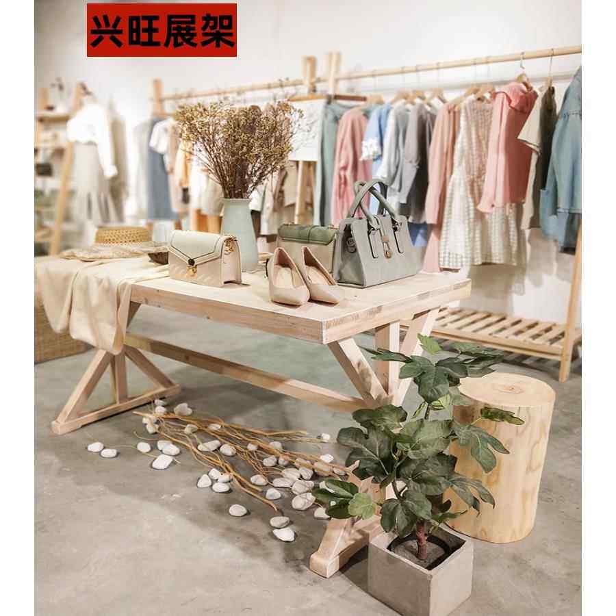 服装店展示架中岛架橱窗实木落地高低流水台展示台复古展示桌地台