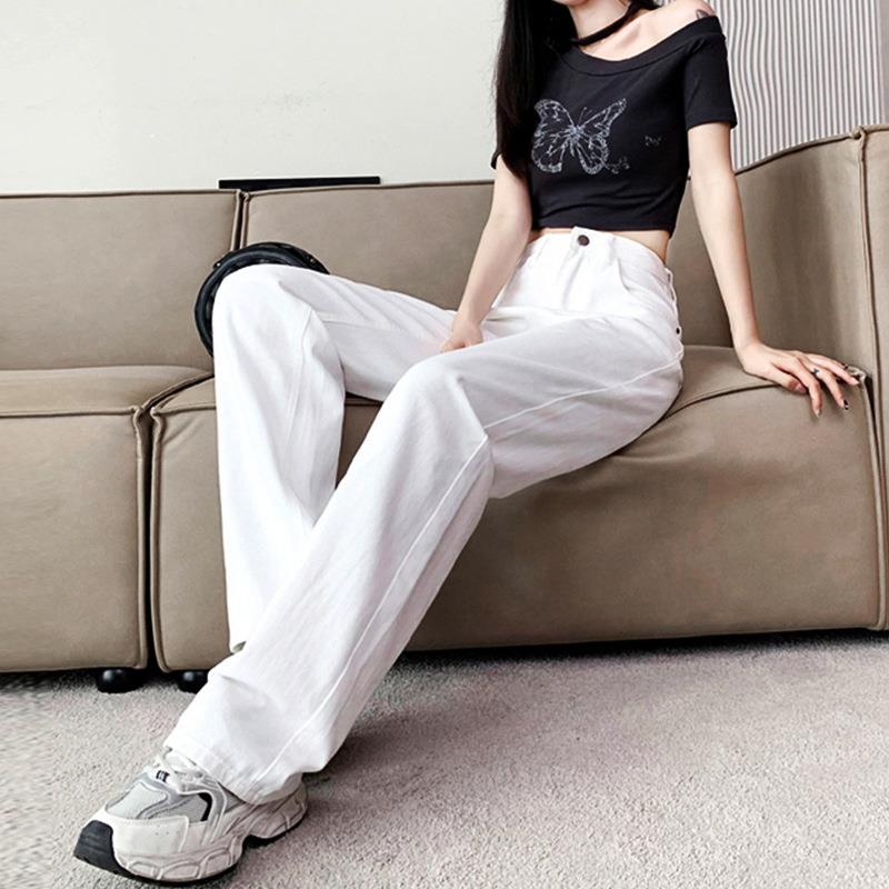 高端白色阔腿牛仔裤女春夏季高腰直筒宽松显瘦小个子九分女拖地裤