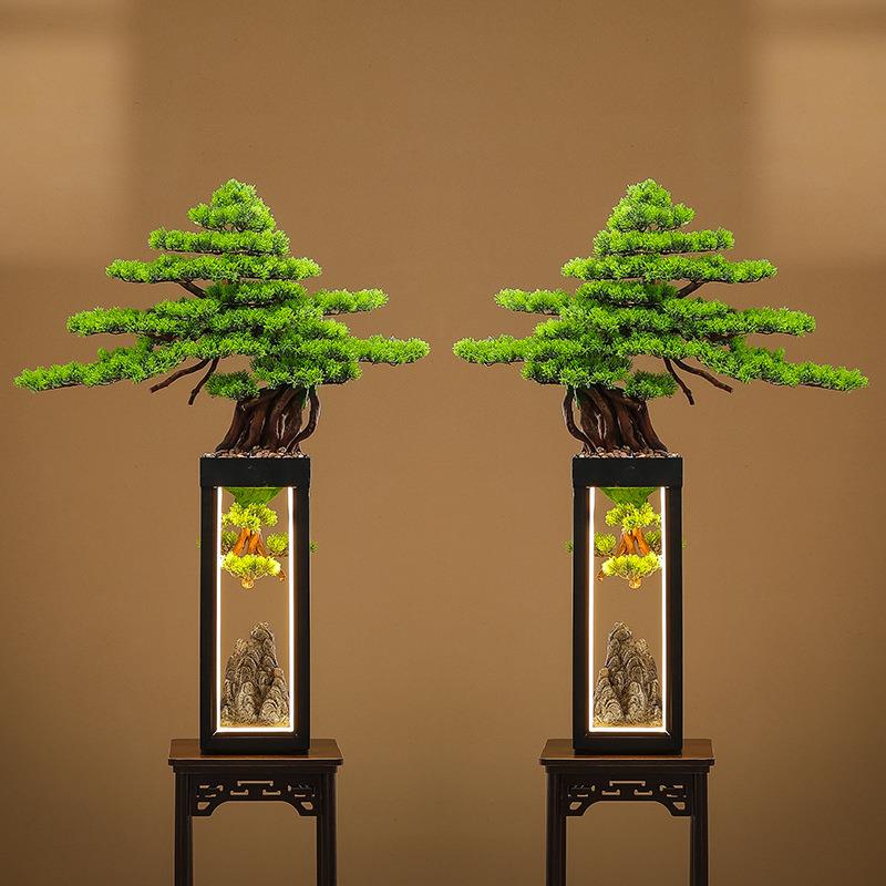 新中式崖柏盆栽仿真迎客松高端绿植摆件造景茶室装饰仿真树玄关