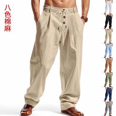 Men Linen Pants Set Casual Three Button Breathable Elastic