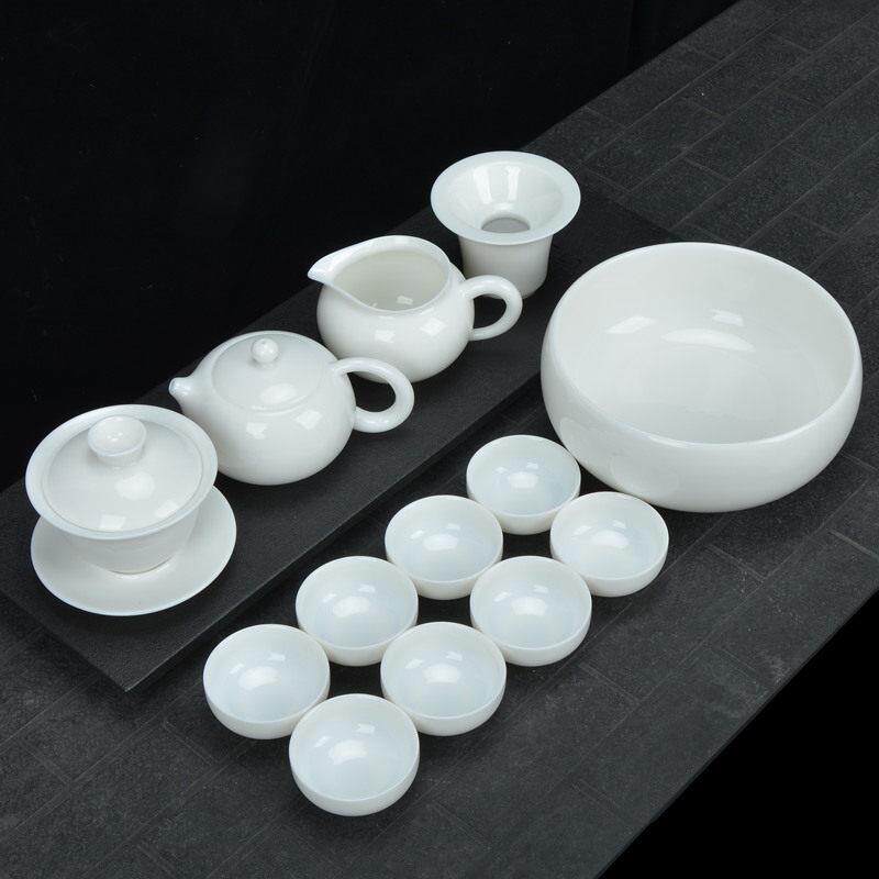 德化白瓷茶具套装办公室家用羊脂玉功夫茶具简约陶瓷茶壶茶杯盖碗