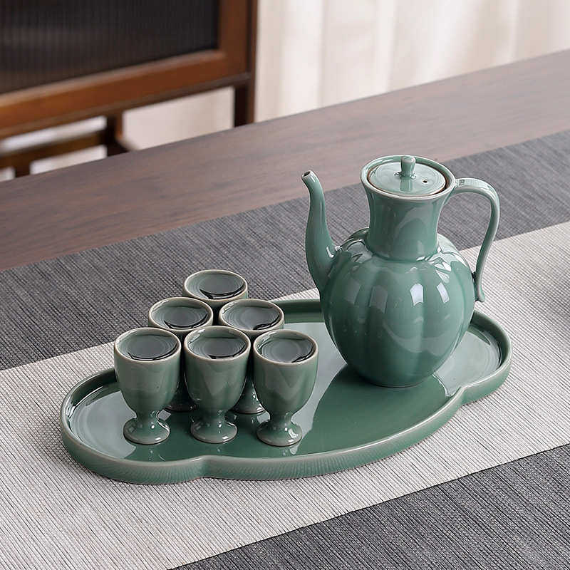 酒杯套装手绘礼陶瓷白酒中式商务酒器带分草木灰托盘仿古家用酒具