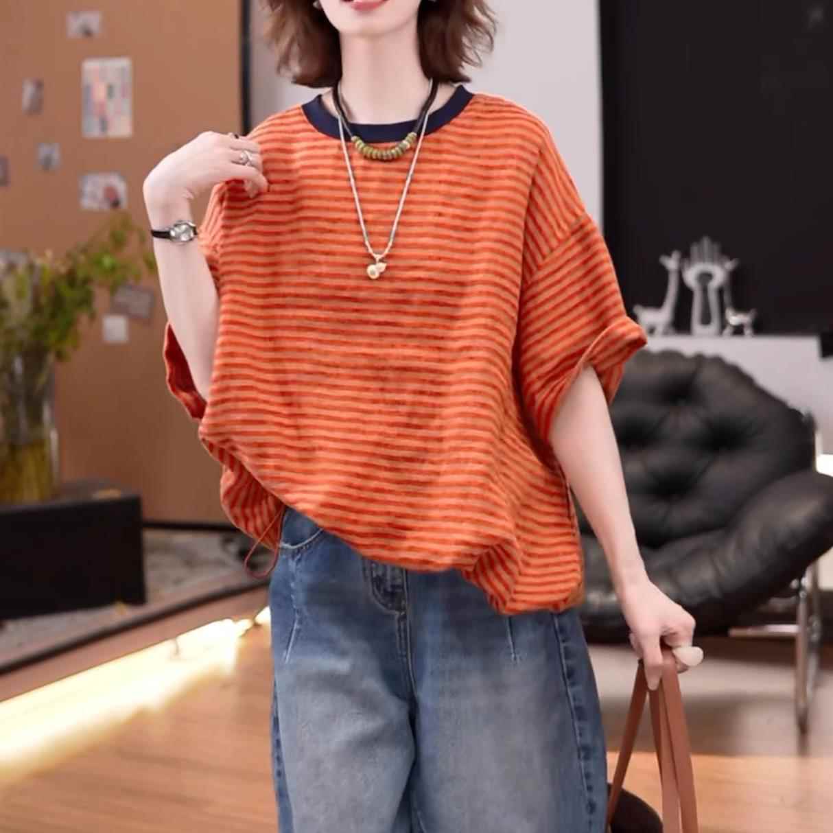潮牌做旧条纹亚麻短袖T恤女2026夏季新款慵懒风宽松百搭显瘦上衣