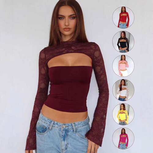 Women Patchwork Sheer Lace Cut Out Crop Top Y2k Sexy Mock