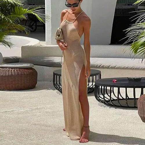 Glittering Dress Knitted Backless Women'S Transparent,