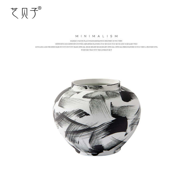 艺贝子新中式水墨陶瓷大花瓶日式磨砂大口径罐子玄关侘寂风摆件