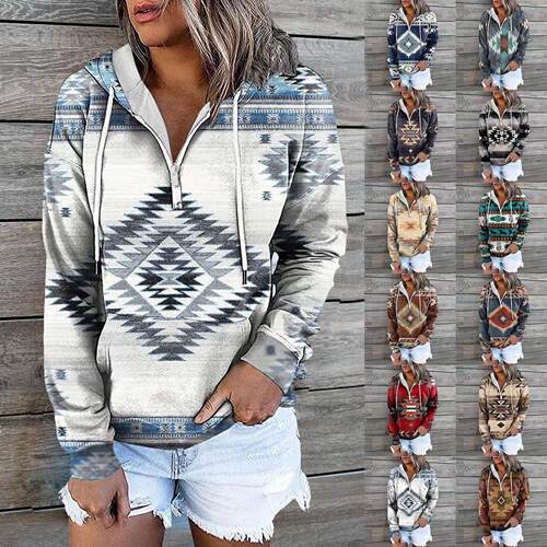 Women's top Western printed zipper hooded sweatshirt