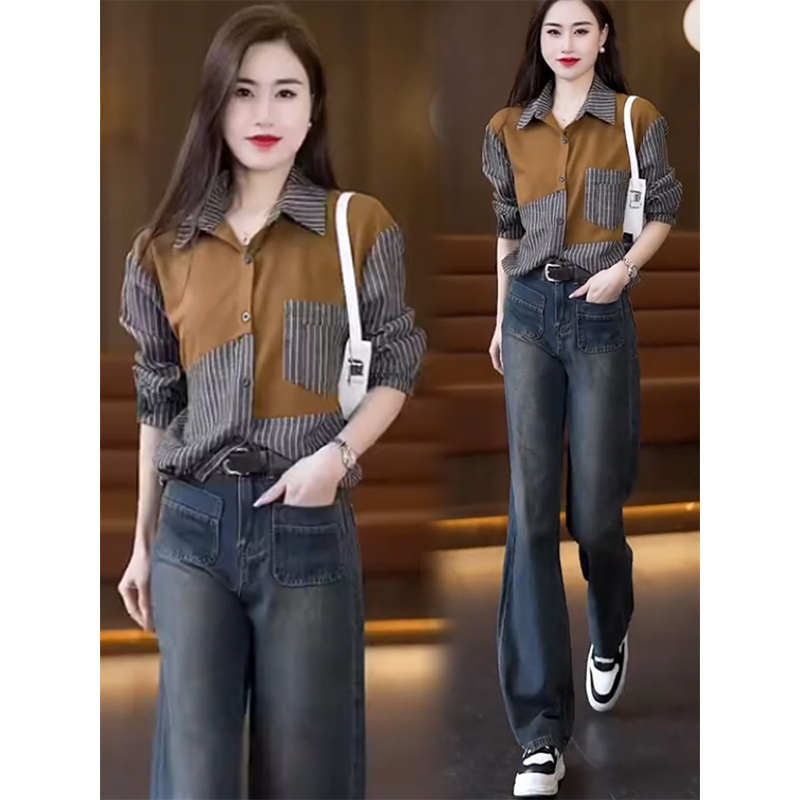 时尚牛仔阔腿裤套装女2025春秋新款洋气长袖衬衫窄版直筒裤两件套