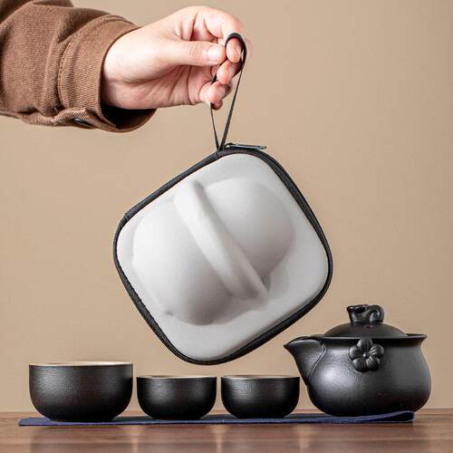 粗陶旅行茶具套装一壶三杯便携式快客杯户外露营泡茶壶茶杯收纳盒
