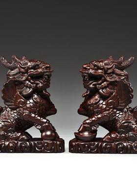 黑檀木雕麒麟摆件一对木制家居办公室客厅卧室装饰工艺品开业送礼