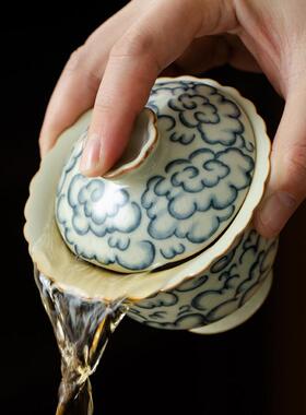 汝窑三才盖碗茶具防烫青花瓷开片可养泡茶碗家用单个高档泡茶杯子