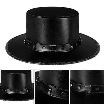 Steampunk Plague Doctor Hat PU Leather Black Flat Top Hat