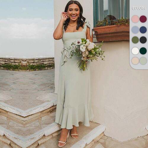 Women'S Square Neck Ruffle Split Midi Formal Summer Dress