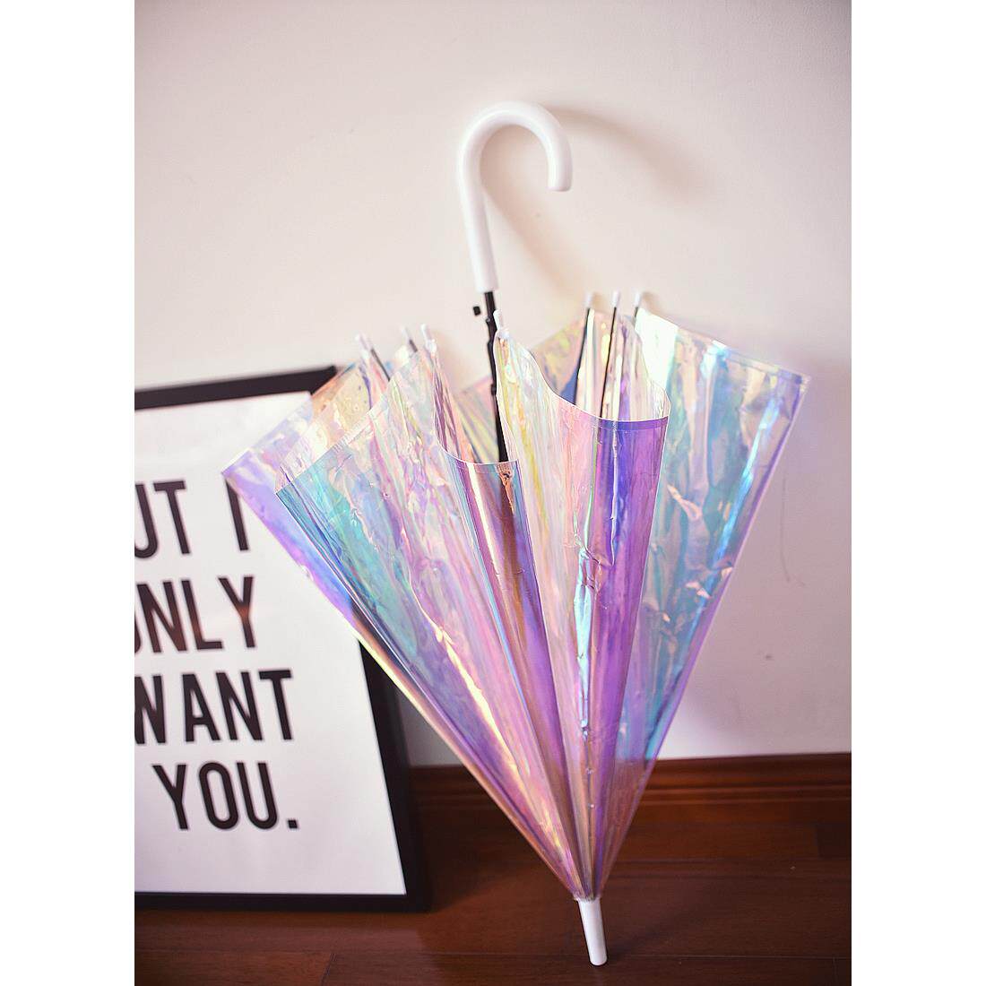 正品爱可男女彩虹伞雨伞炫彩镀膜半透明雨自伞加厚射镭伞半动长柄