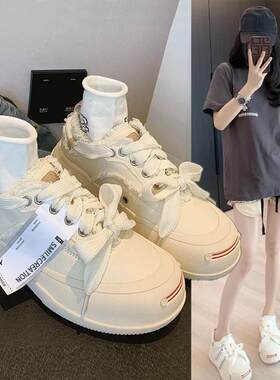 香港2025春秋新款真皮鞋帆布鞋女厚底小众设计开 口笑休闲 小白鞋