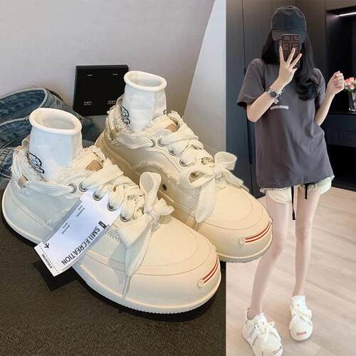香港2025春秋新款真皮鞋帆布鞋女厚底小众设计开 口笑休闲 小白鞋