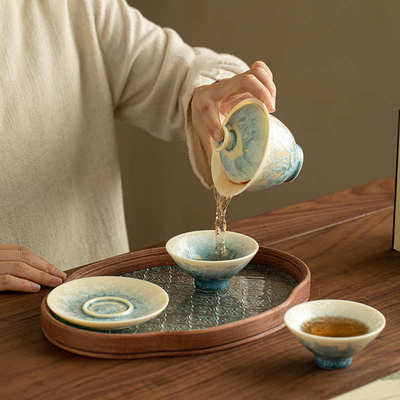结晶釉三才盖碗一壶两杯陶瓷泡茶器功夫茶具套装家用茶碗茶杯茶盘