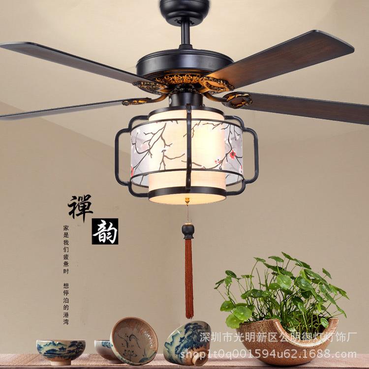 新中式吊扇灯客厅餐厅卧室风扇灯木叶静音中式LED灯饰电风扇吊灯