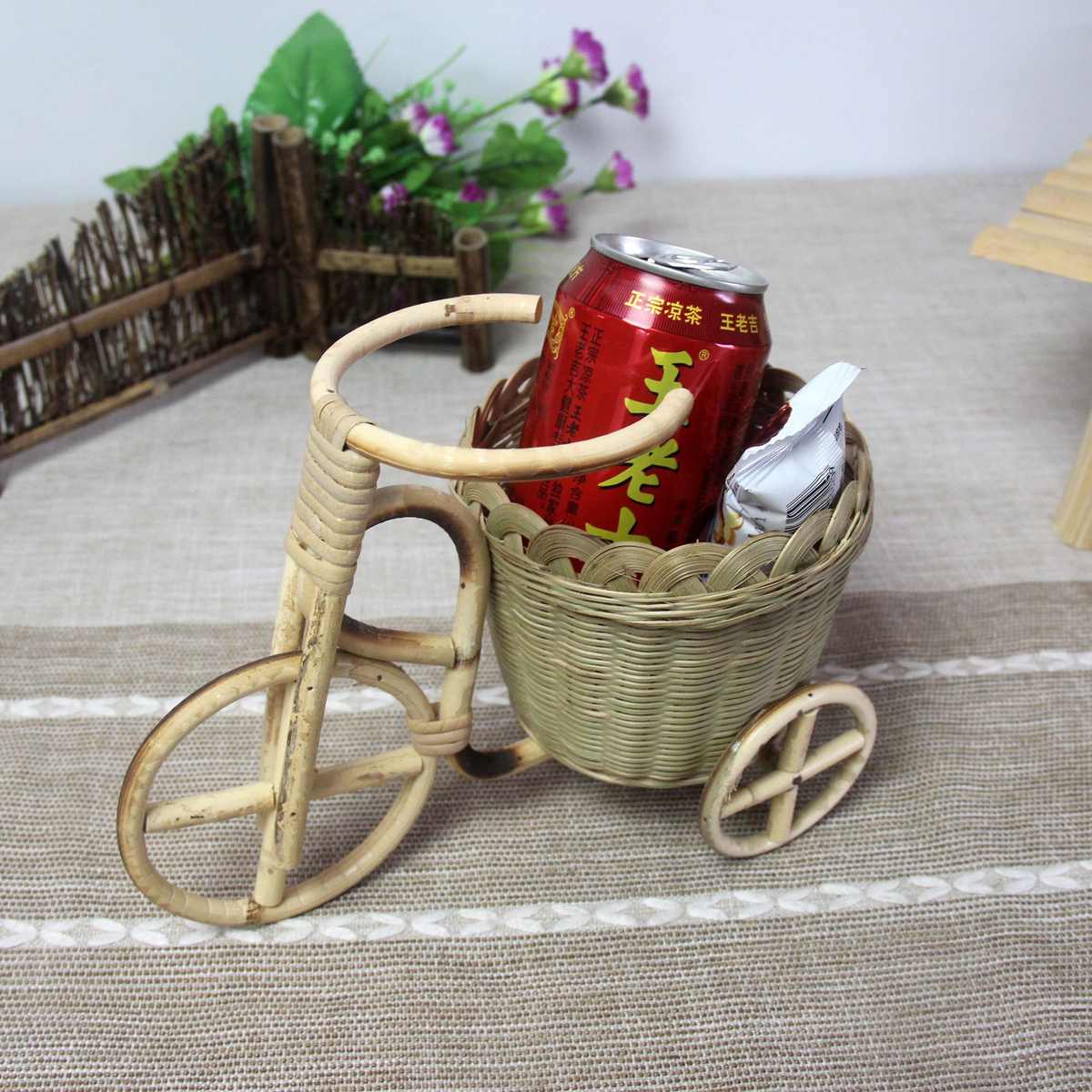 纯手工竹编花篮三轮车模型酒店家居装摆饰创意植物盆栽花盆篮