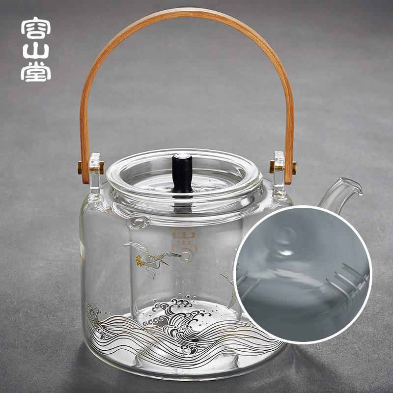 容山堂金银烧心经玻璃煮茶器实木电陶炉套装家用烧水壶大容量茶具