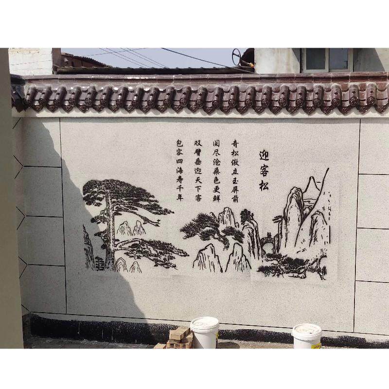 迎客松模具墙画 画模板庭院子真石漆镂空模具手绘画 画喷漆照壁围
