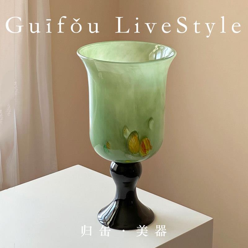 归缶中式高脚琉璃宽口玻璃水培花器情绪稳定插花瓶高级感客厅摆件