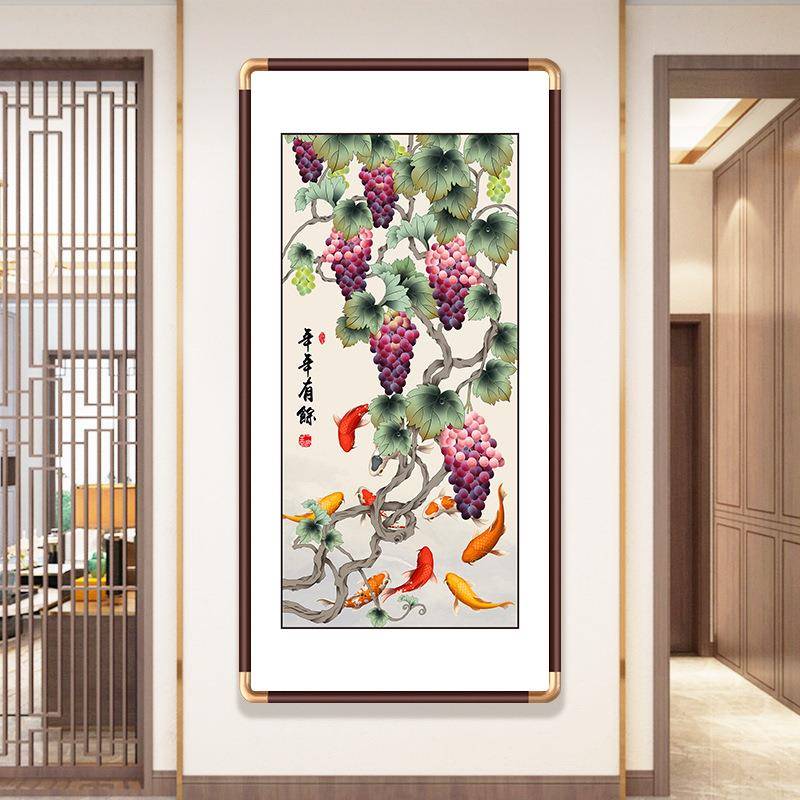 年年有余入户玄关装饰画中式家居软装挂画客厅茶室过道实木国画