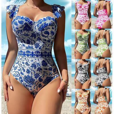 Bikini jumpsuit conservative swimsuit blue and white