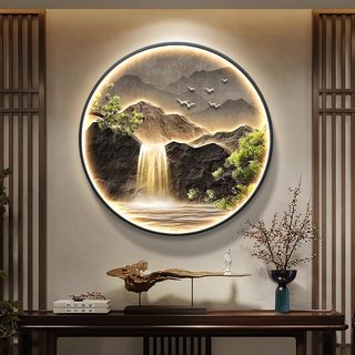 壁灯流水生财风景山水画有靠山圆形装饰画入户门正对墙挂画玄关画