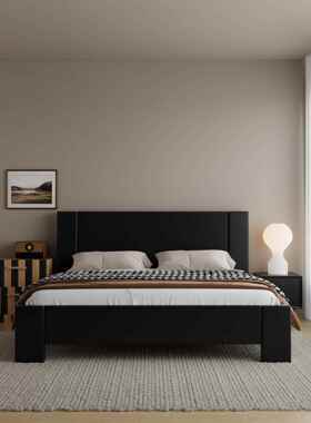 北欧实木床中古风黑色全实木双人床1米8床脚加厚床小户型高箱床