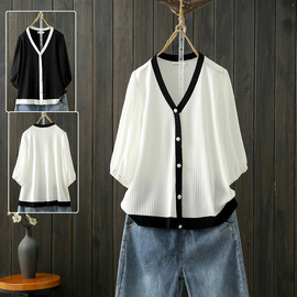 大码冰丝短袖t恤胖mm2021夏季韩版雪纺拼接袖V领薄款针织上衣