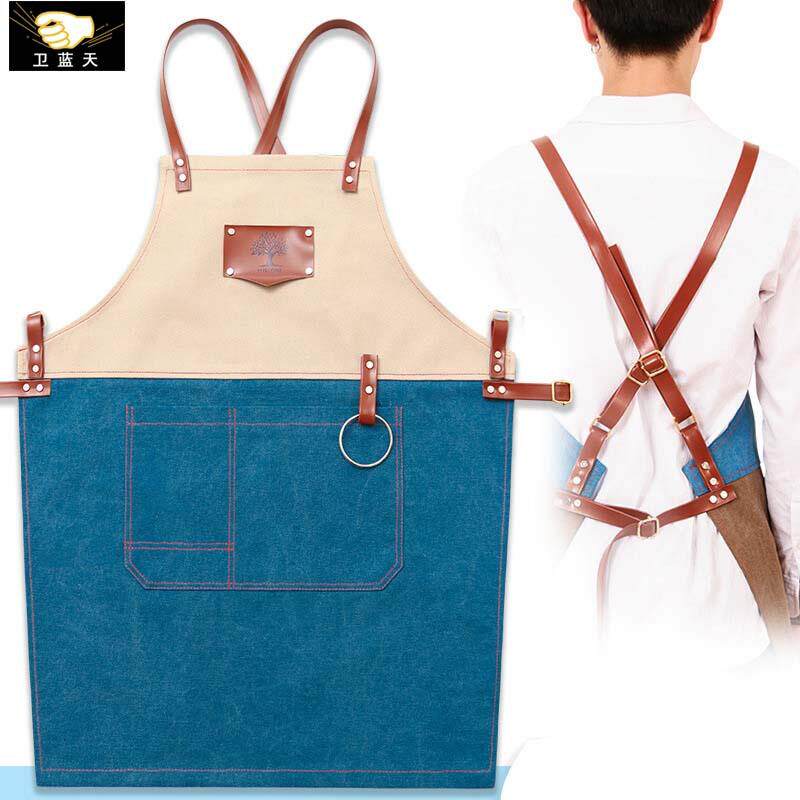 时尚耐磨家居日用品牛仔布厨房帆布围裙多口袋带服务员工作围裙