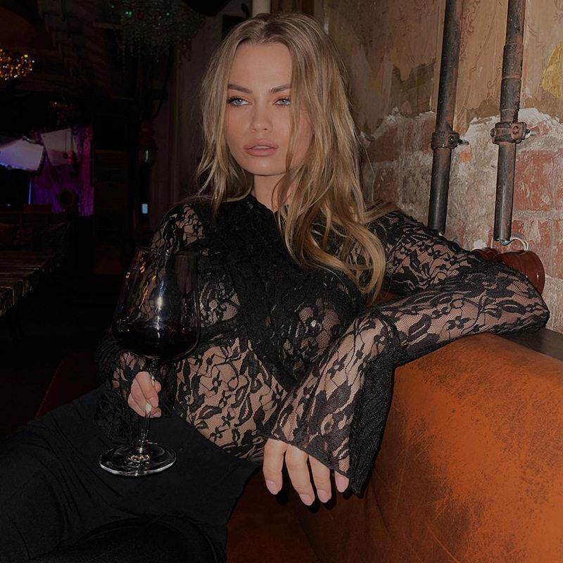 sexy Bodysuits Long Sleeve Sexy Round-Neck black top 连体衣