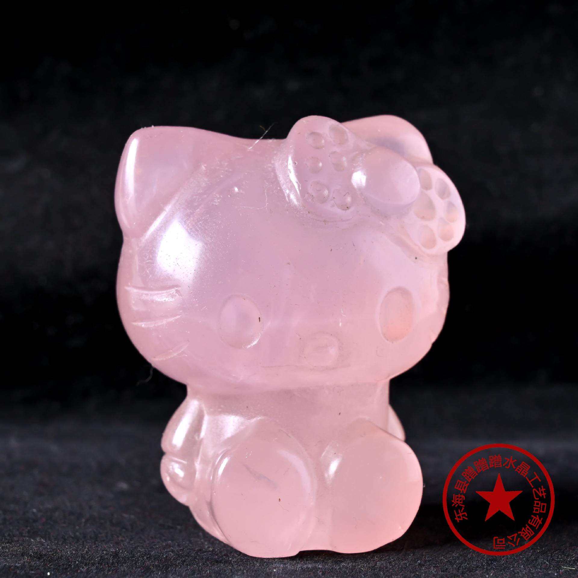 天然水晶KT猫雕刻件水晶粉晶原石猫咪家居桌面动物装饰摆件
