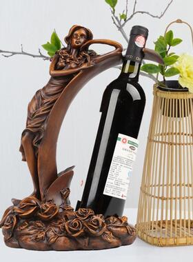 美女红酒架子木纹摆件客厅餐厅餐桌酒柜礼品开业乔迁桌面:置物