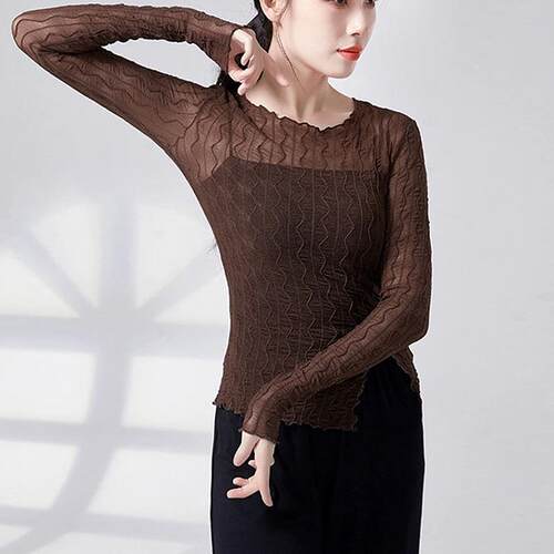 2025现代舞蹈基训服装微透网纱蕾丝长袖T恤女罩衫中国民族古典舞