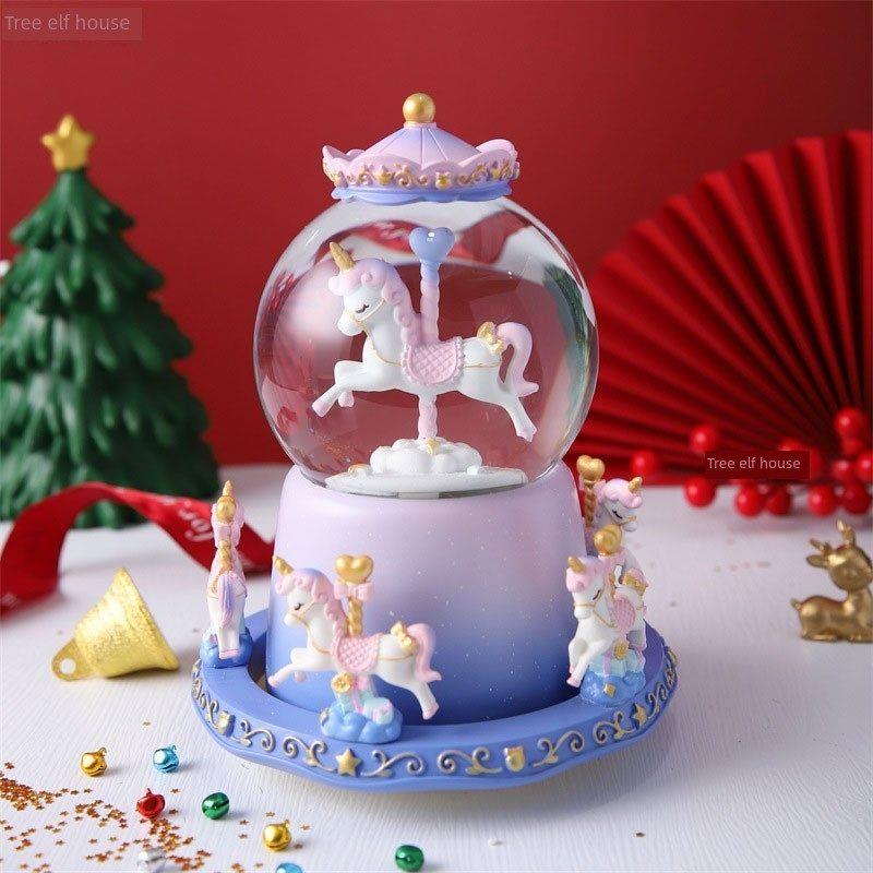 梦幻旋转木马水晶球声控飘雪花旋转八音盒小夜灯摆件女孩生日礼物