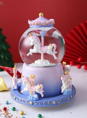 梦幻旋转木马水晶球声控飘雪花旋转八音盒小夜灯摆件女孩生日礼物