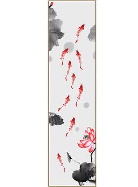 新中式禅意玄关装饰画原木风茶室壁画禅意走廊挂画竖版鱼图荷花