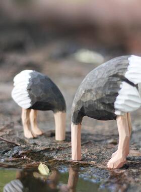 鹿妖商店 埋头鸵鸟 实木桌面摆件 纯手工动物木雕 视错觉艺术家居