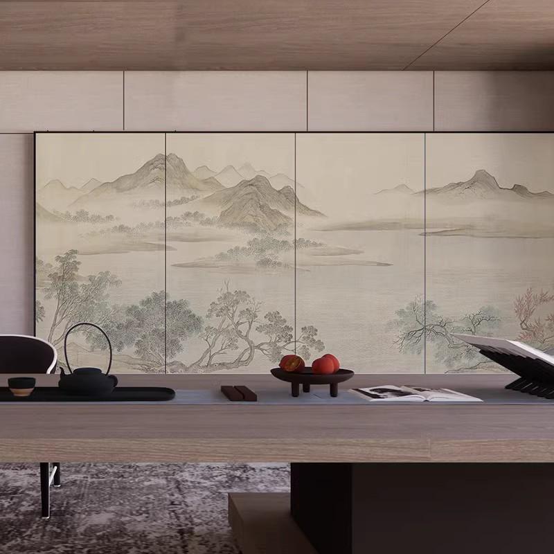 新中式山水画墙布茶室书房大气素雅背景墙客厅沙发壁纸定制壁画3d