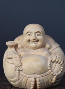 小叶黄杨木雕笑面弥勒佛一团和气木雕摆件手把件汽车内饰装饰品