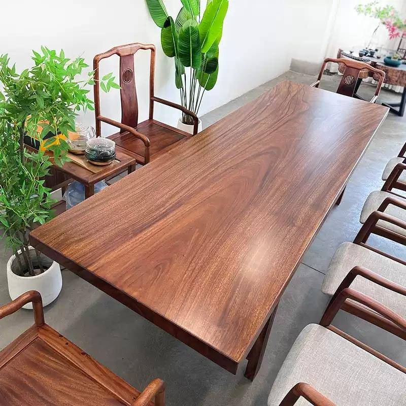 实木餐桌椅组合北美黑胡桃木长方形茶桌大板桌雨木茶板整块泡一体