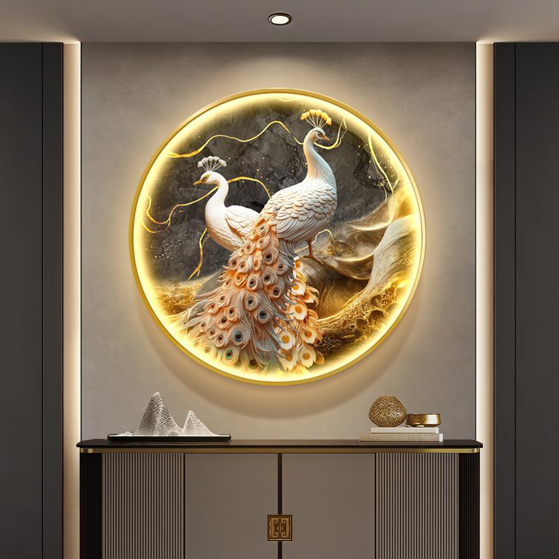 孔雀轻奢玄关装饰画客厅正对门壁灯画高级感圆形餐厅走廊过道挂画图片