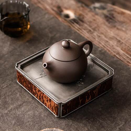 老锡壶承八方蓄水茶盘盖碗干泡台古篱湘妃竹古锡壶承干泡茶品