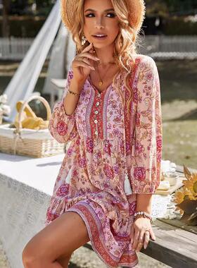 Women's Bohemian Vacation Dress, Casual Wear, Floral Print V