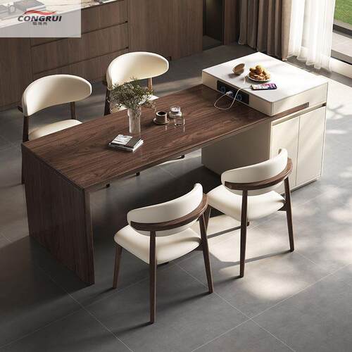 聪瑞尚岛台餐桌一体小户型家用可伸缩胡桃色实木餐桌椅高级中岛台