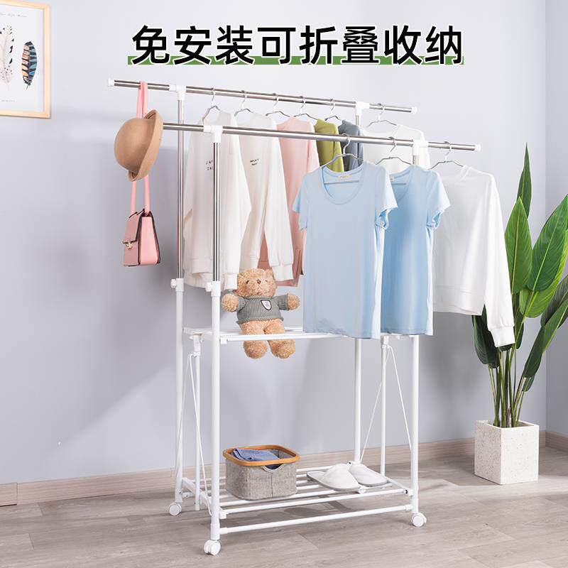 双杆免安装不锈钢晾衣架落地折叠室内家用凉衣架阳台伸缩晒衣架子