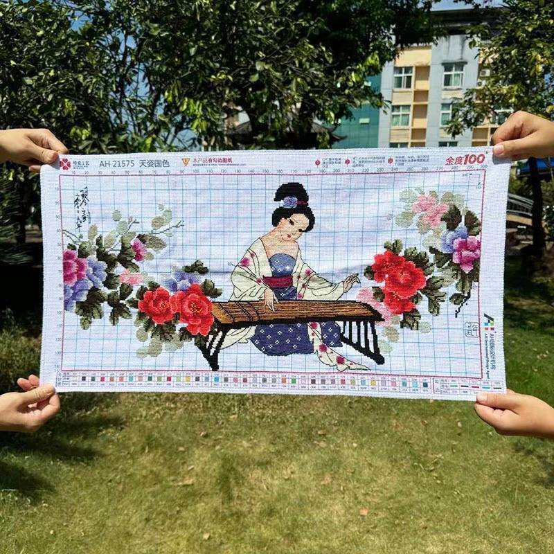 绣好的纯手工十字绣成品天姿国色琴韵美女抚琴客厅挂画不带框