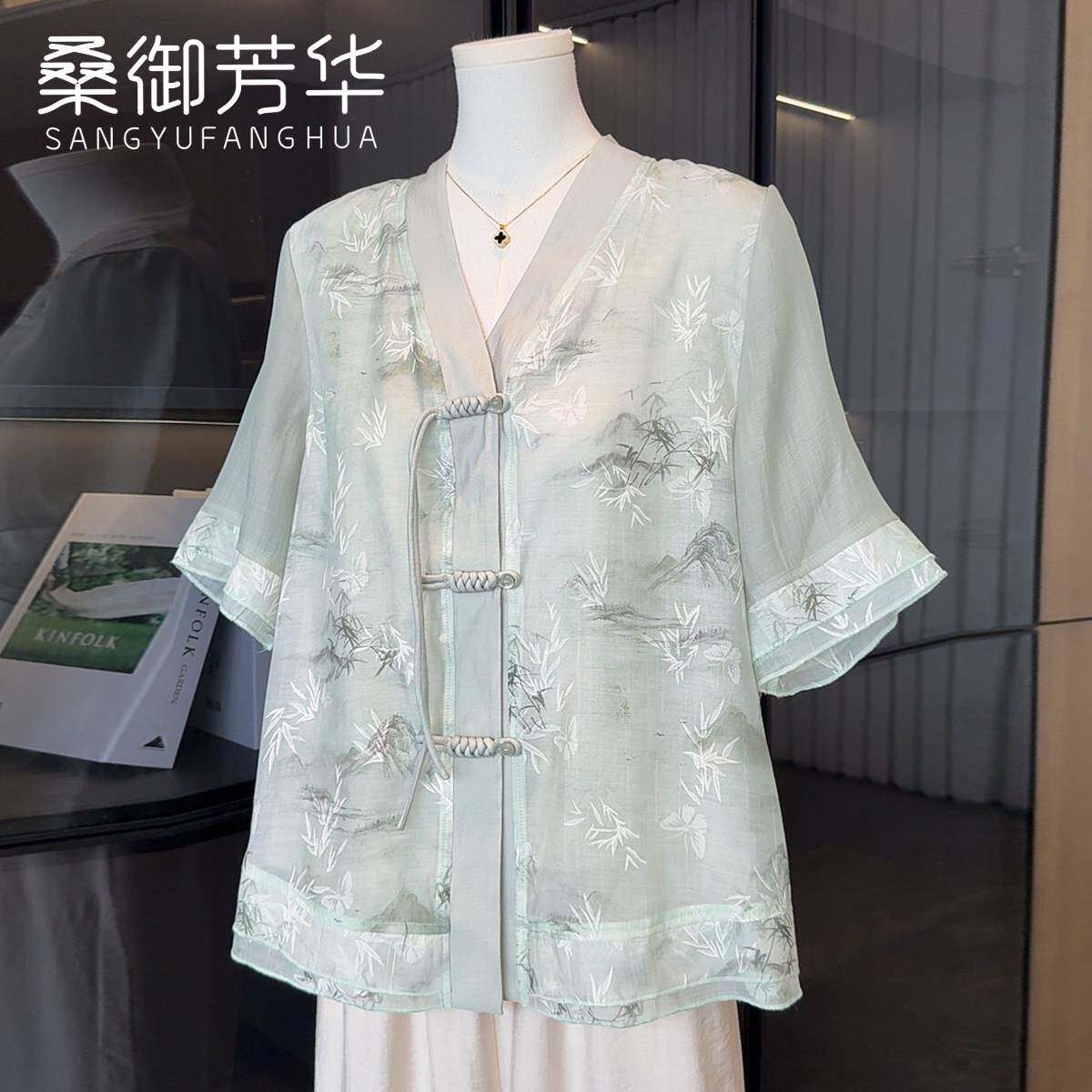 国风妈妈夏装2026新款短袖母亲节小衫中老年女装时尚雪纺衬衫套装